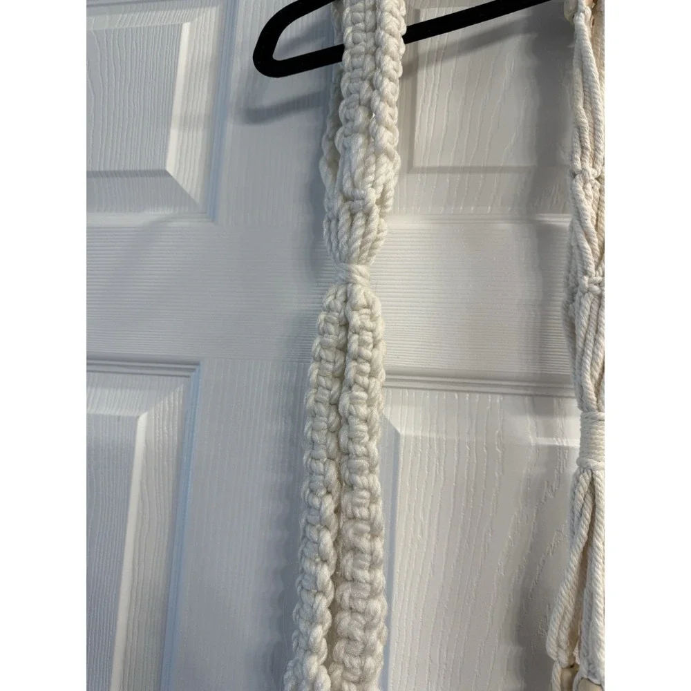 Pair Of VTG Wood Beaded (1) Macrame Plant Hanger White Set 2 Large 3 Plants/each